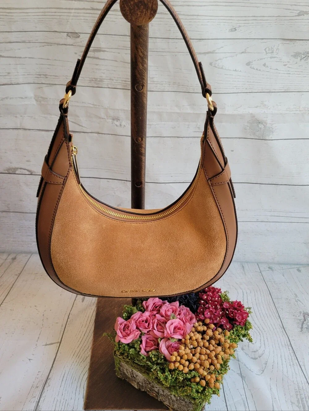 Michael Kors Tan Preston Suede and Leather Crescent Shoulder Bag - Picture 3 of 9